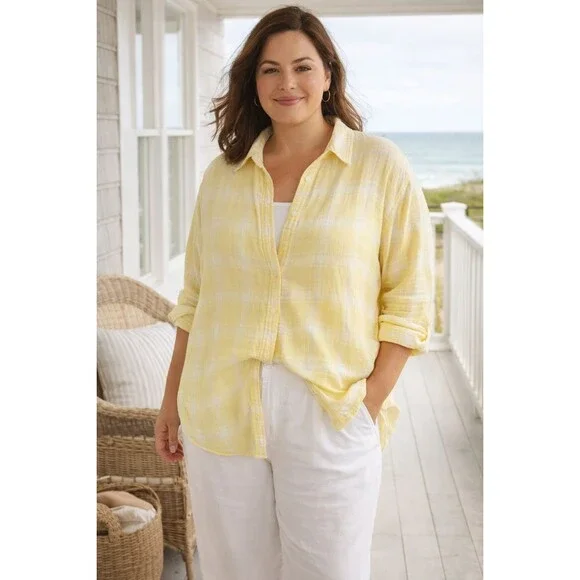 Lands End Cotton Gauze Shirt Yellow Plaid Gingham Lightweight Coastal 22W - Picture 2 of 13